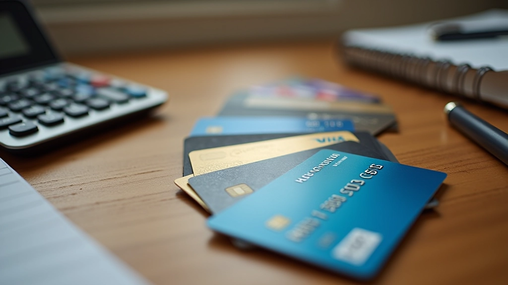 Mehrere Kreditkarten verschiedener Banken auf Schreibtisch mit Taschenrechner