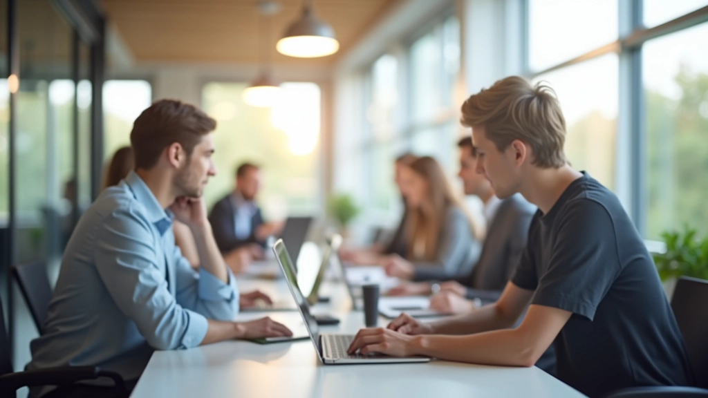 Modernes Büro mit Team beim Arbeiten an Laptops, helles natürliches Licht, professionelle Atmosphäre