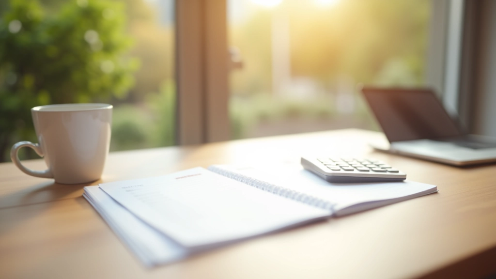 Moderne Küche mit Budgetplaner und Notizen auf dem Tisch, helles Licht, professionelle Anordnung