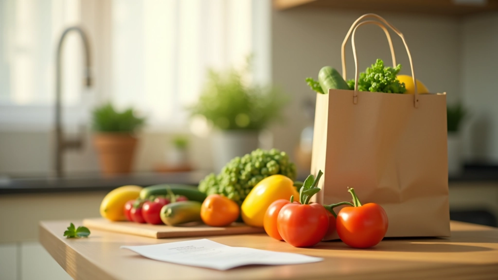 Einkaufszettel und Einkaufstüten mit Lebensmitteln im Supermarkt