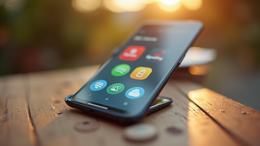Smartphone mit verschiedenen App-Icons für Streaming-Dienste, Fitness und Cloud-Speicher, hell beleuchteter Schreibtisch